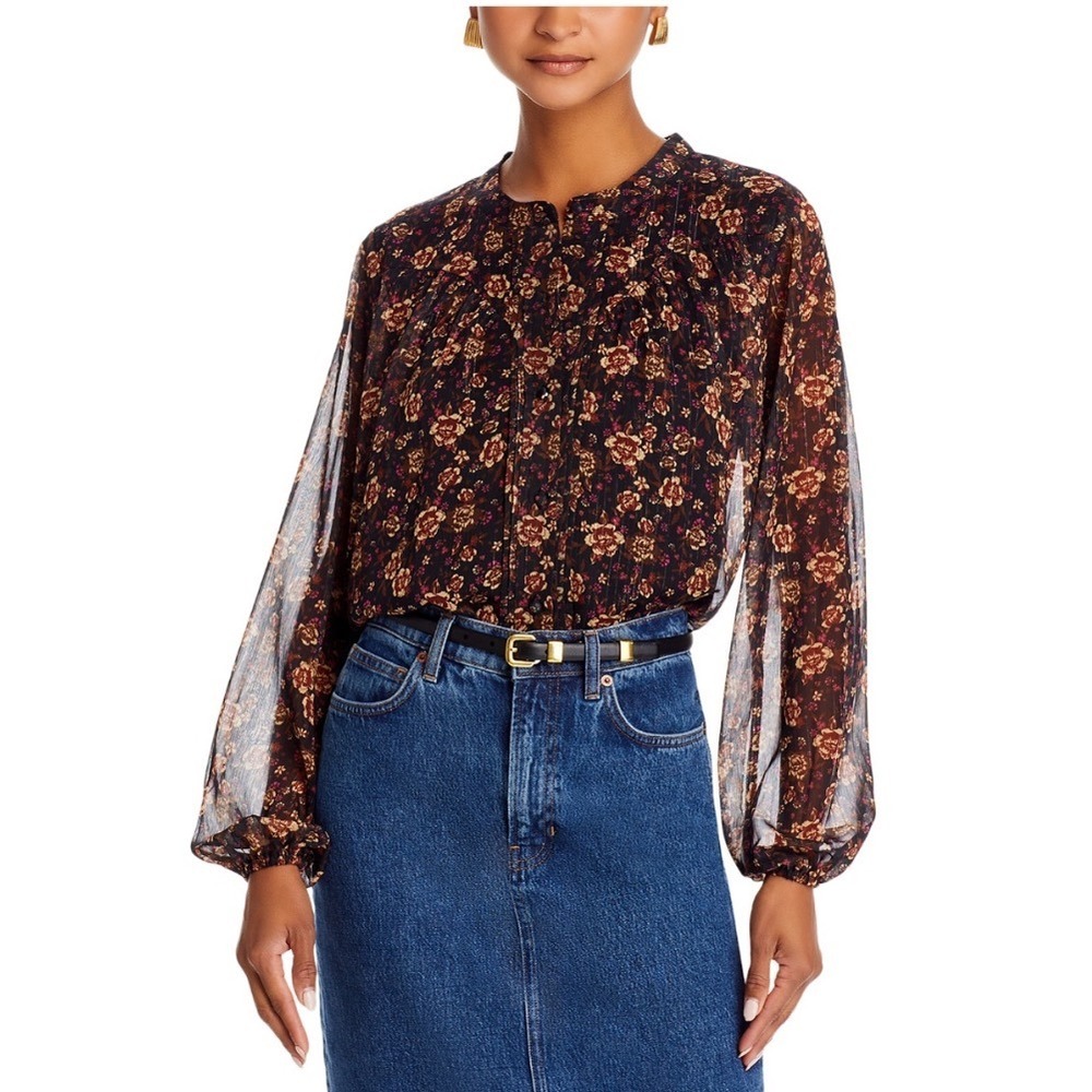 Koko + Mason Black Multi Floral Button Front Blouse Sheer Sleeve Lurex Small NEW